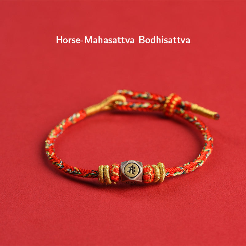 Buddha Stones 925 Sterling Silver Chinese Zodiac Natal Buddha Red Colorful Rope Luck Handcrafted Bracelet