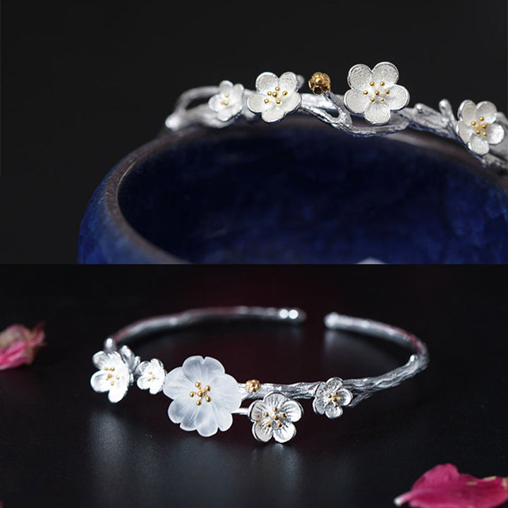 Buddha Stones 925 Sterling Silver Plum Flower Blessing Bracelet Adjustable Bangle