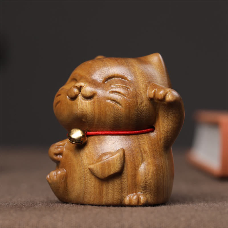 Buddha Stones Green Sandalwood Small Mini Cute Lucky Cat Peace Decorations