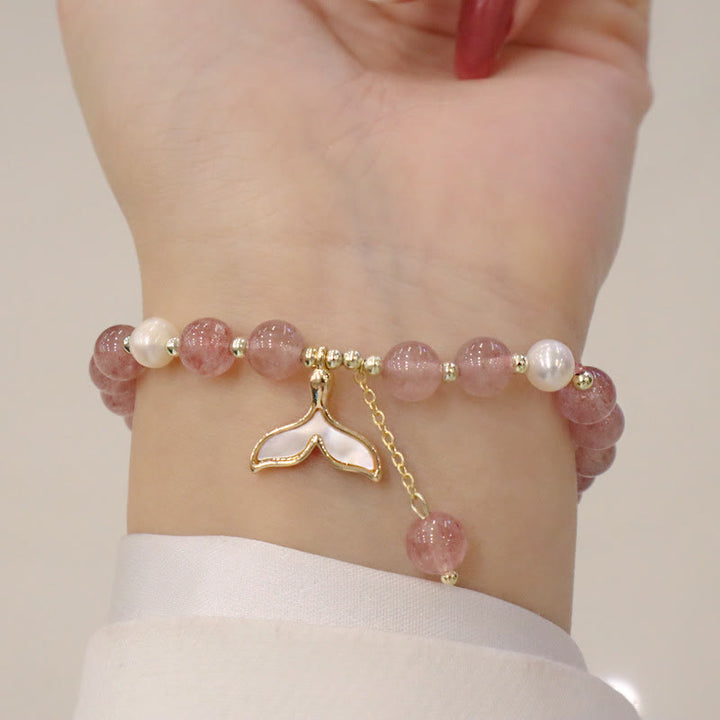 Buddha Stones Strawberry Quartz Pearl Elk Smiley Face Fishtail Fu Character Charm Healing Bracelet