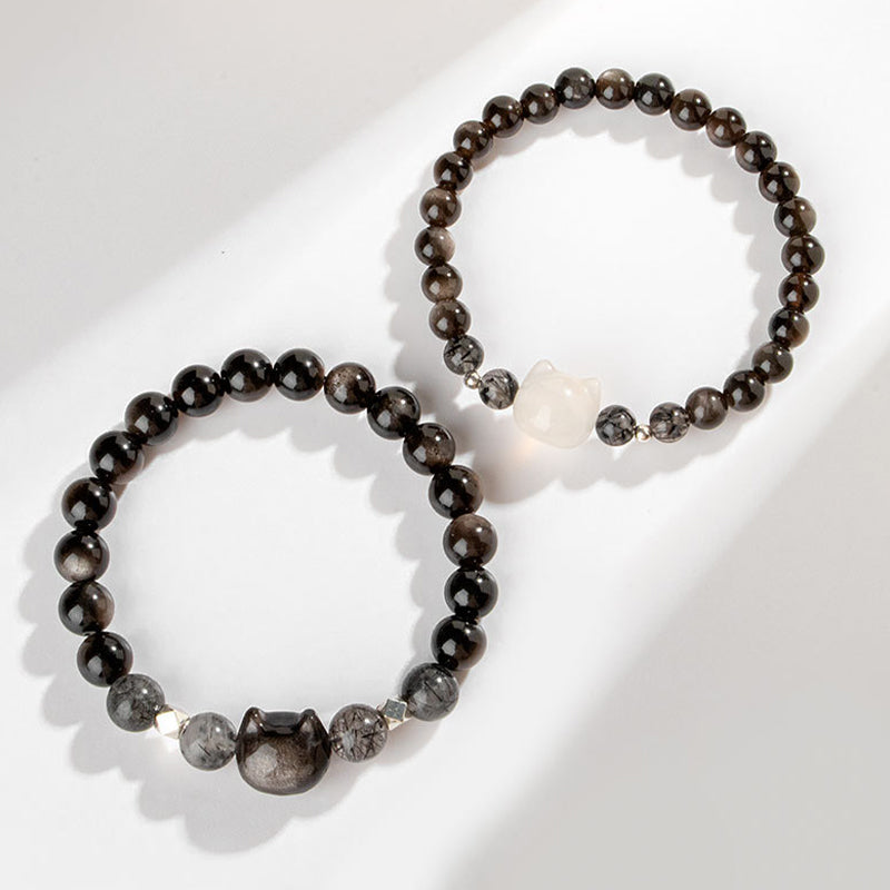 Buddha Stones Natural Silver Sheen Obsidian Cute Cat Head Protection Bracelet