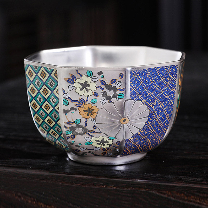 Buddha Stones 999 Sterling Silver Gilding Chrysanthemum Flowers Ceramic Teacup Kung Fu Tea Cup