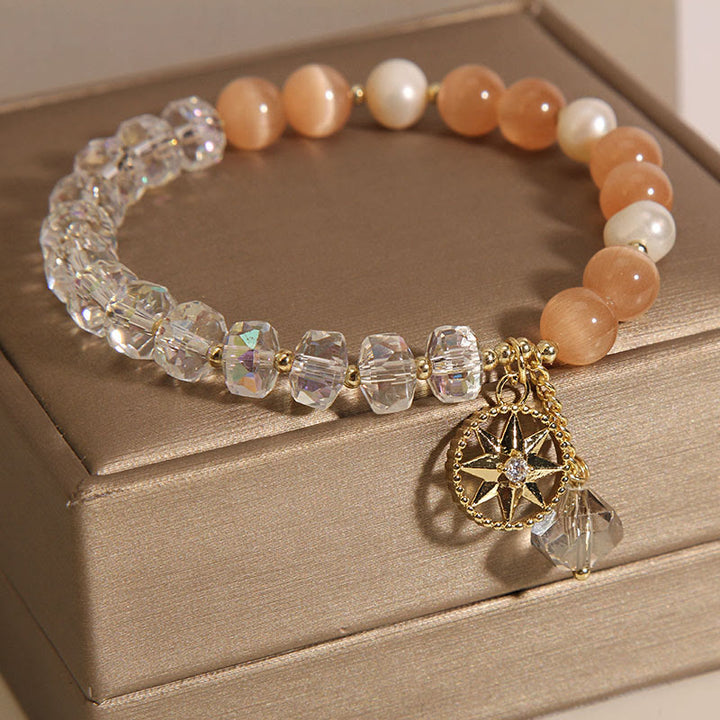 Buddha Stones Orange Cat's Eye White Crystal Star Support Bracelet