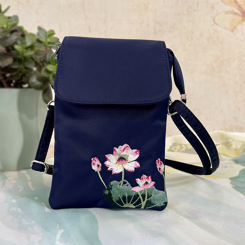 Waterproof Handmade Embroidered Lotus Flowers Crossbody Bag Shoulder Bag Cellphone Bag