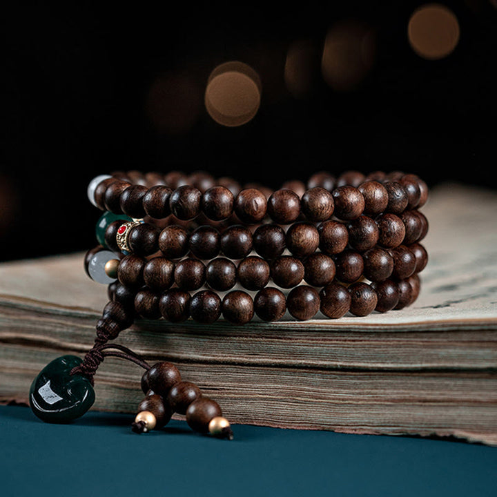 Buddha Stones 108 Mala Beads Kalimantan Agarwood Laughing Buddha Peace Buckle Red Agate Jade Strength Bracelet