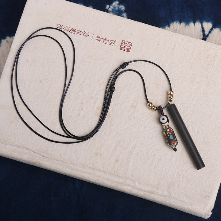 Tibetan Ebony Wood Dzi Bead Peace Calm Necklace Pendant