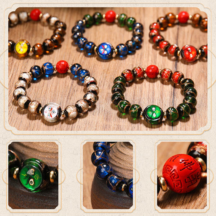 Buddha Stones Tibetan Five God of Wealth Thangka Liuli Glass Bead Chinese Zodiac Protection Bracelet