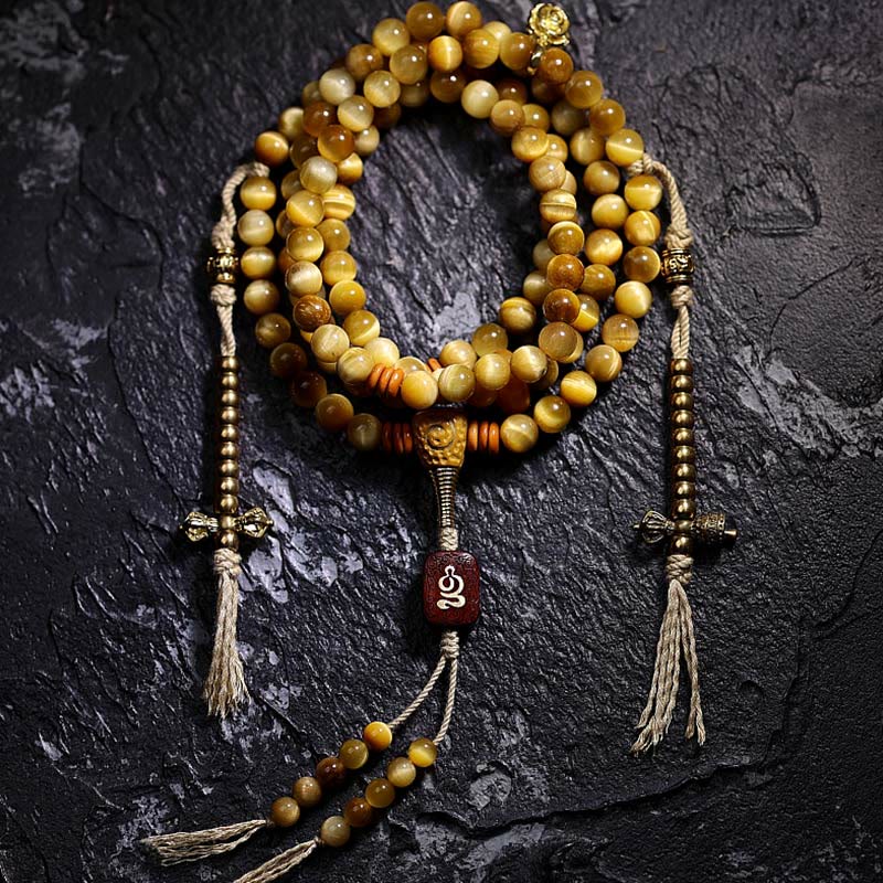 Buddha Stones 108 Mala Beads Natural Tiger Eye Copper Dorje Protection Tassel Bracelet