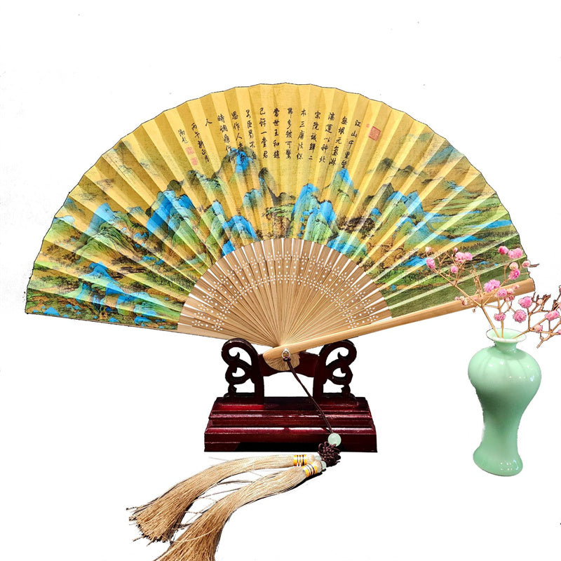 Buddha Stones A Panorama Of Rivers And Mountains Cranes Orchid Flower Paper Bamboo Handheld Silk Bamboo Folding Fan 22cm