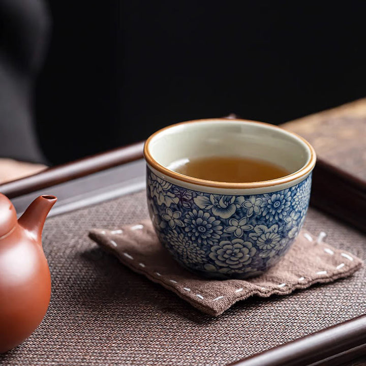 Buddha Stones Blue Lotus Peach Blossom Chrysanthemum Design Ceramic Teacup Kung Fu Tea Cups