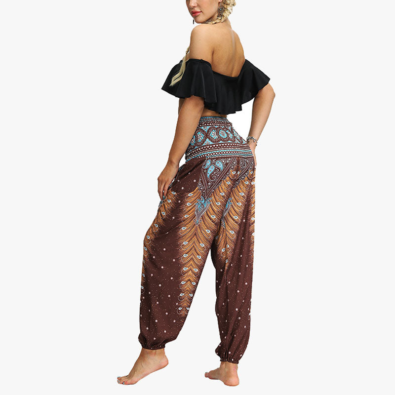 Buddha Stones Feather Print Hippie Baggy Trousers Boho High Waist with Pockets Women's Yoga Pants