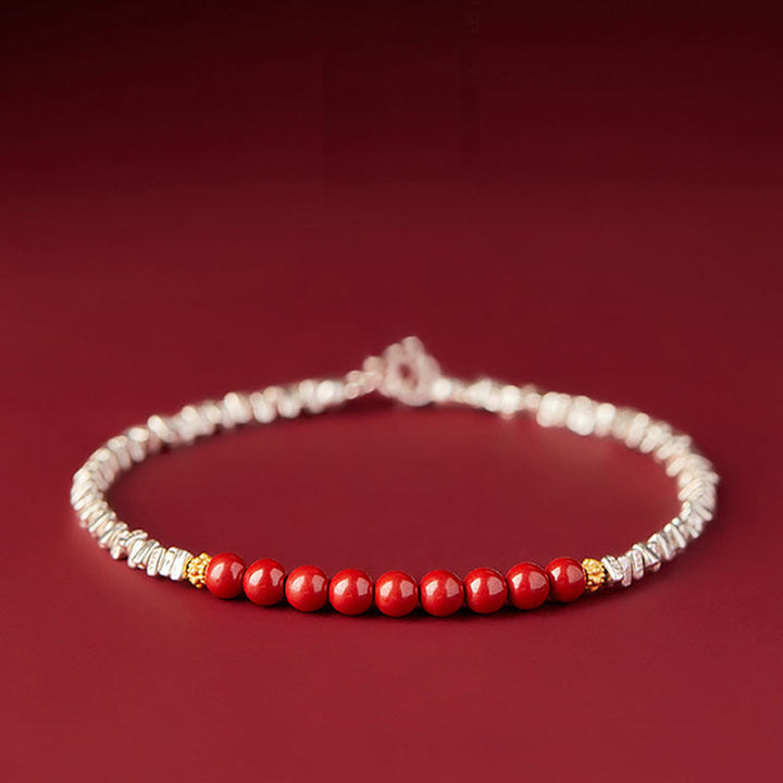 Buddha Stones 925 Sterling Silver Cinnabar Fu Character Blessing Bracelet