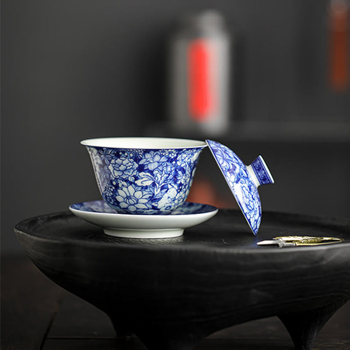 Buddha Stones Vintage Blue And White Porcelain Ceramic Gaiwan Sancai Teacup Kung Fu Tea Cup And Saucer With Lid