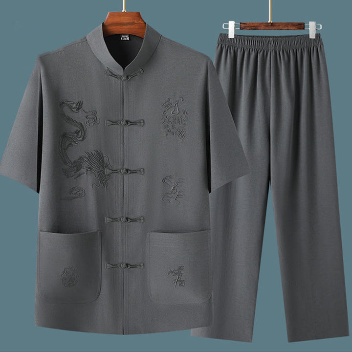 Buddha Stones Tang Suit Hanfu Chinese Dragon Traditional Kung Fu Uniform Short Sleeve Tops and Pants Clothing Men's Set