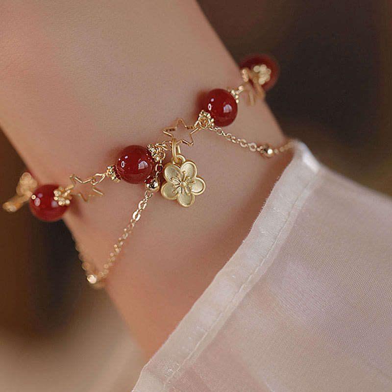 Buddha Stones 14k Gold Plated Red Agate Star Flower Charm Calm Bracelet