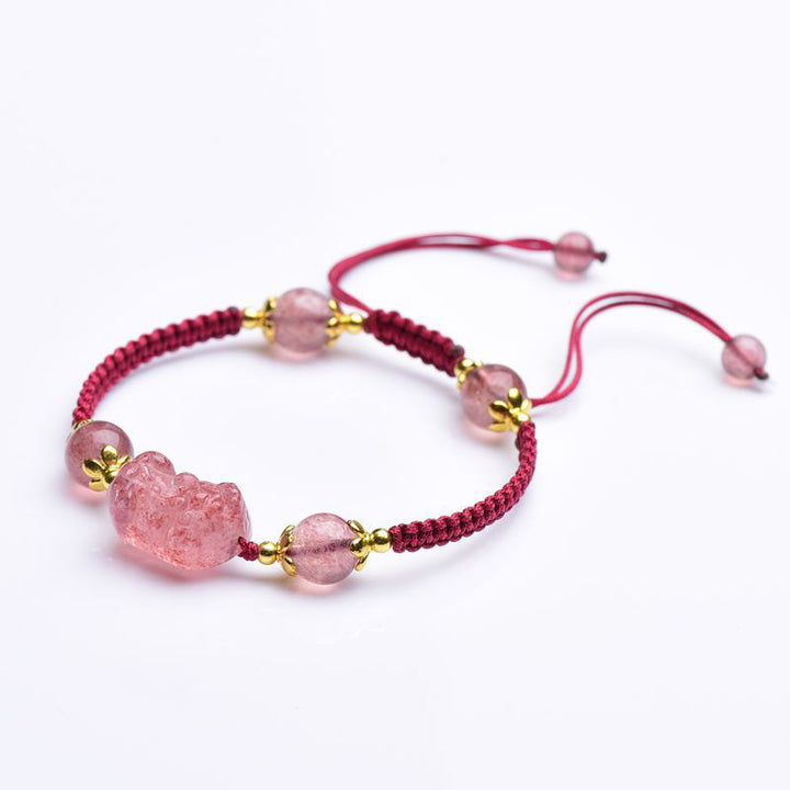 Buddha Stones Natural Strawberry Crystal Pixiu Charm Lucky Red String Bracelet