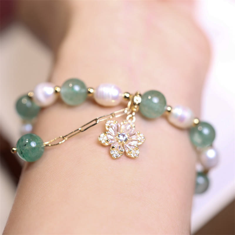 Buddha Stones Natural Green Strawberry Quartz Pearl Flower Charm Love Bracelet