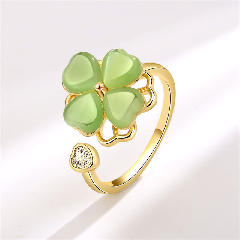 Buddha Stones Cat's Eye Four Leaf Clover Zircon Love Rotatable Ring