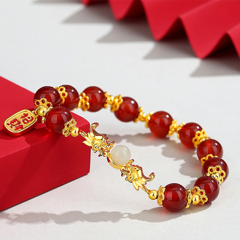 Buddha Stones 925 Sterling Silver Year of the Dragon Natural Red Agate Hetian Jade Fu Character Charm Strength Bracelet