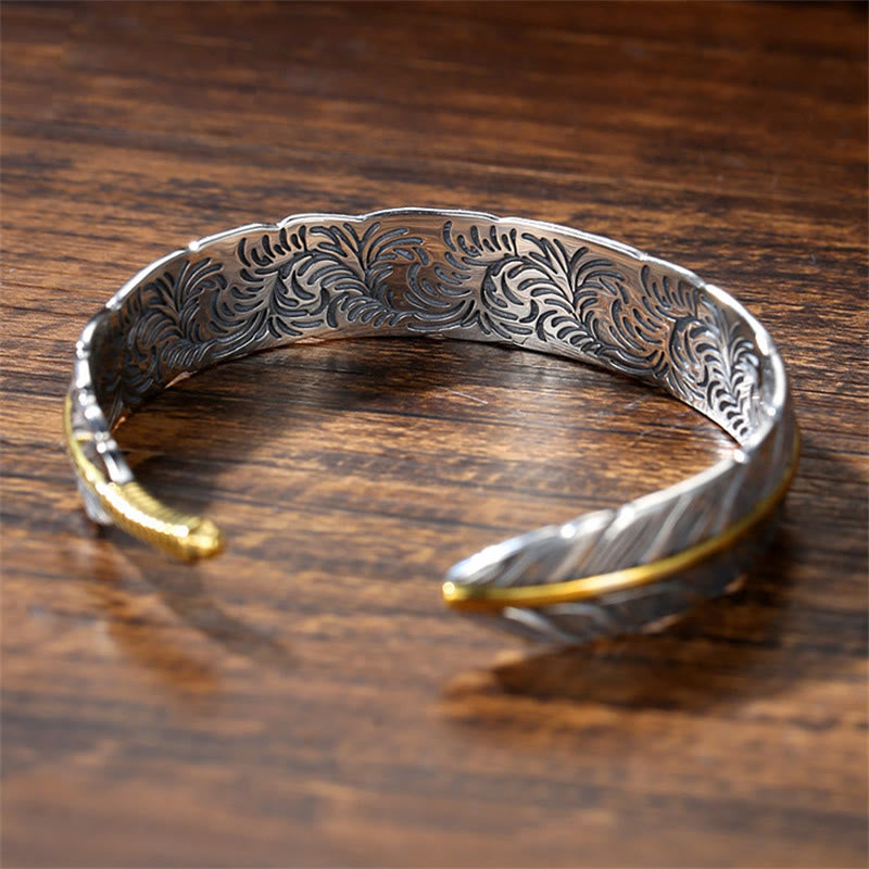 Buddha Stones Feather Pattern Carved Luck Wealth Cuff Bracelet Bangle