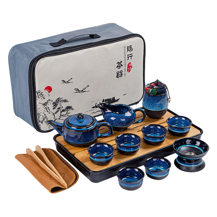 Blue Gradient Color Chinese Gongfu Tea Ceramic Teapot Portable Gift Bag Box Set