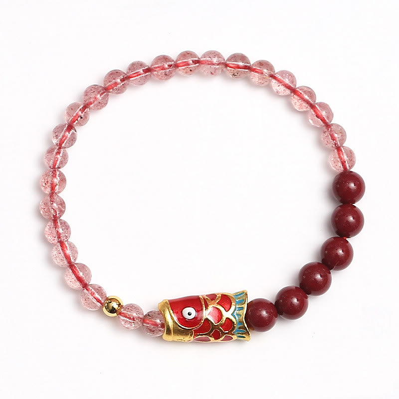 Buddha Stones Natural Strawberry Quartz Cinnabar Lucky Koi Fish Healing Bracelet