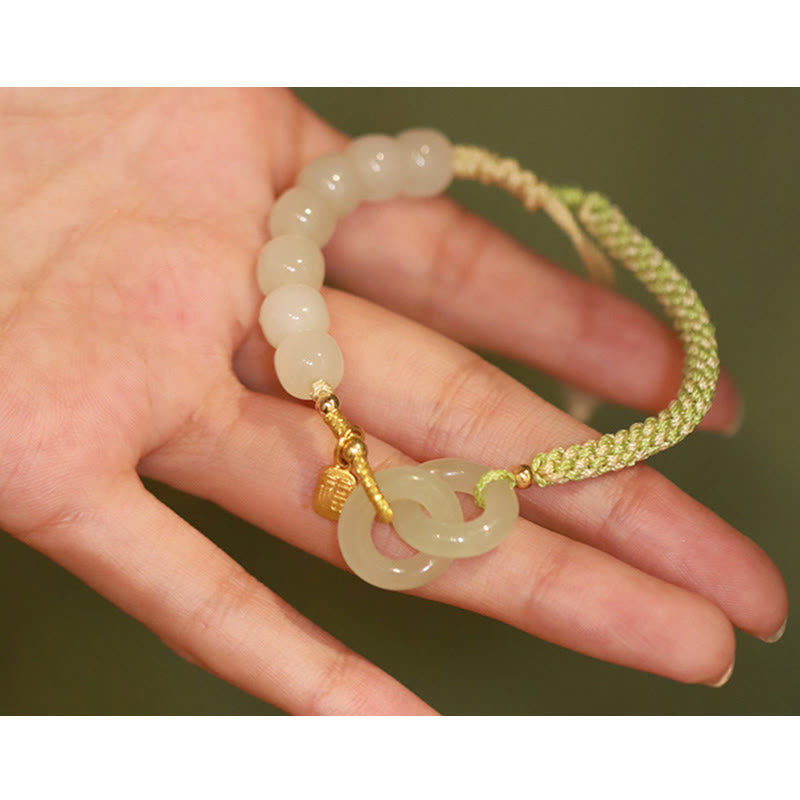 Buddha Stones Natural Hetian Jade Bead Double Peace Buckle Fu Character Abundance Braided Bracelet