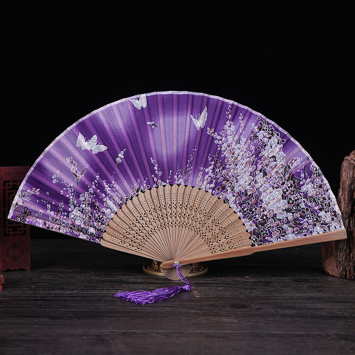 Buddha Stones Cherry Blossom Lily Butterfly Bamboo Handheld Bamboo Folding Fan 21cm