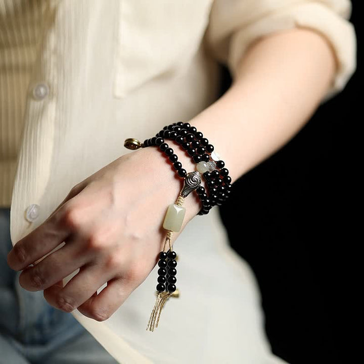 Tibetan Black Onyx Hetian Jade 108 Mala Beads Fortune Bracelet