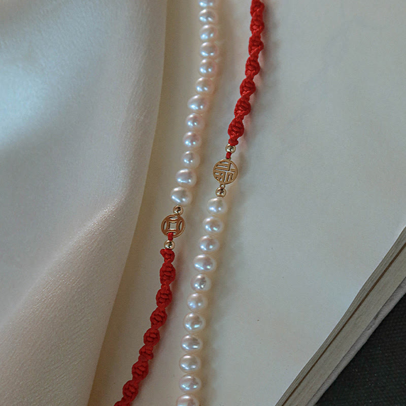 14K Gold Plated Pearl Bead Luck Protection Braid Red String Bracelet