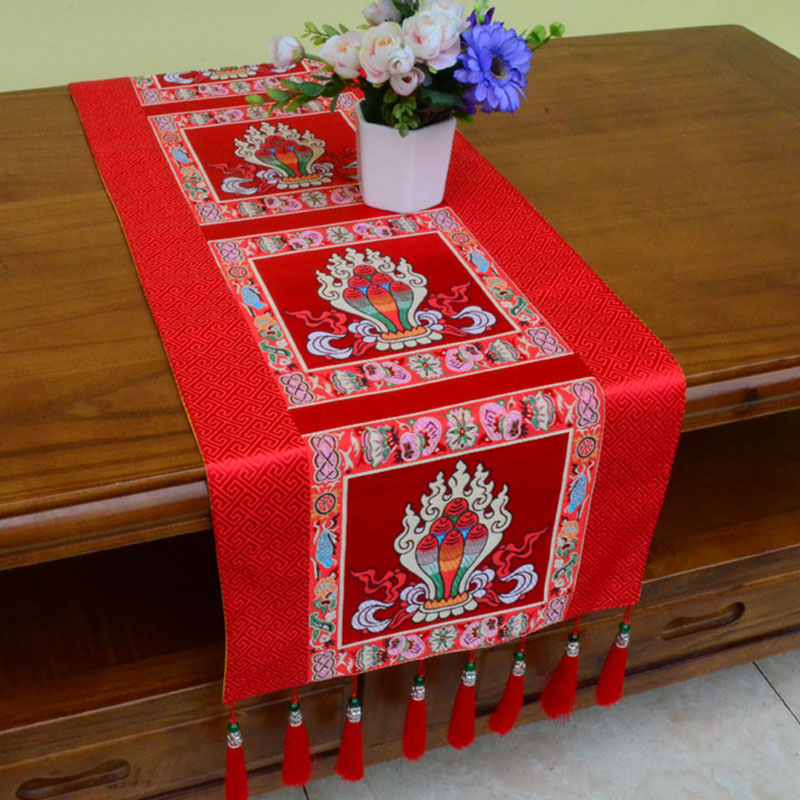 Prayer Altar Mat Man-Bcu Kalachakra Endless Knot Vajra Tibetan Auspicious Symbols Tassels Table Runner