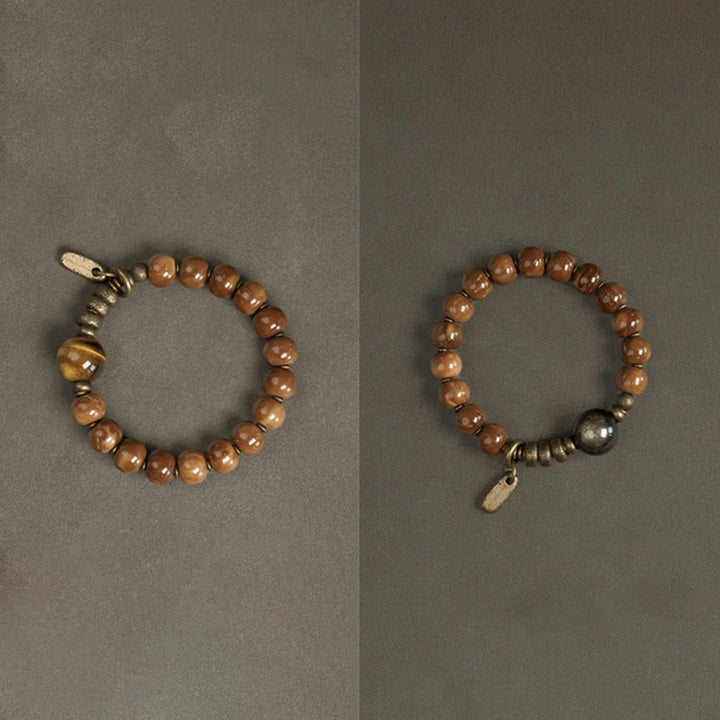 Buddha Stones Kuka Seed Tiger Eye Gold Sheen Obsidian Copper Wealth Luck Bracelet