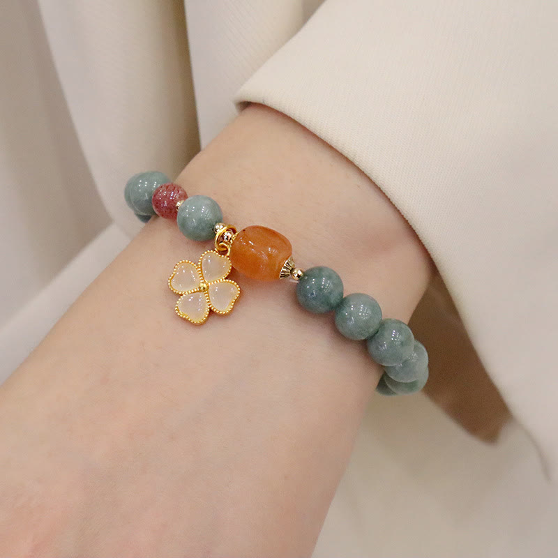 Buddha Stones Jade Four Leaf Clover Charm Prosperity Bracelet