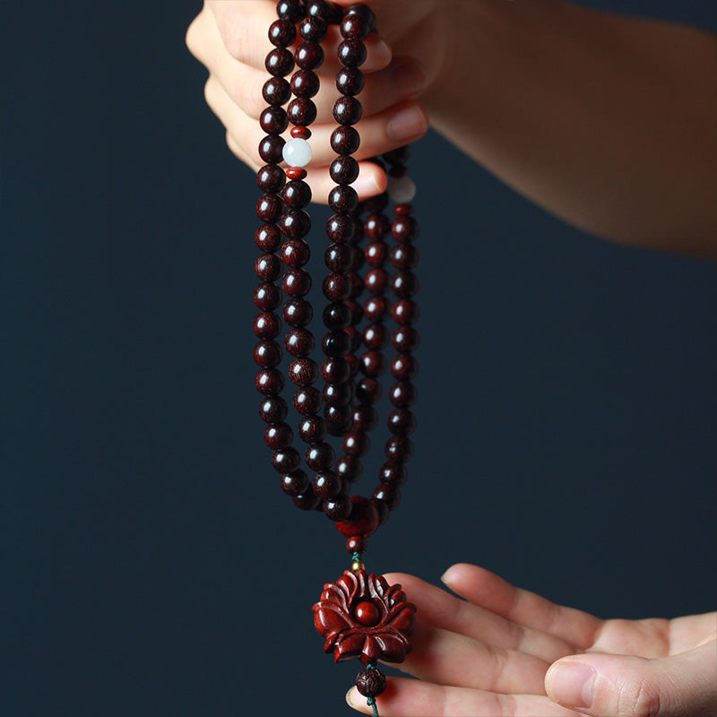 Buddha Stones Tibetan Small Leaf Red Sandalwood Lotus Mala Balance Bracelet