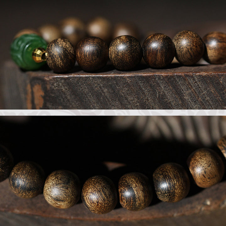 Buddha Stones 999 Gold Brunei Agarwood Cyan Jade Lotus Flower Peace Strength Bracelet