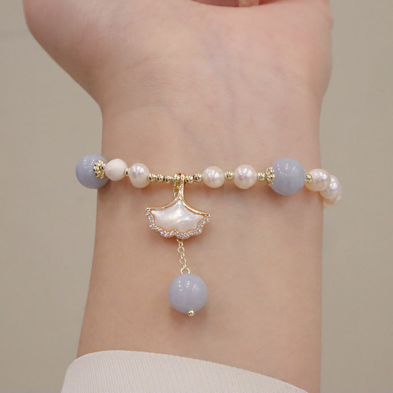 Buddha Stones Natural Aquamarine Pearl Healing Ginkgo Leaf Butterfly Charm Bracelet