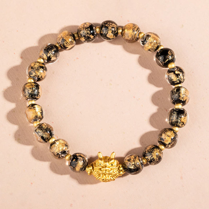 Buddha Stones Year of the Dragon Gold Foil Liuli Glass Bead Luck Bracelet