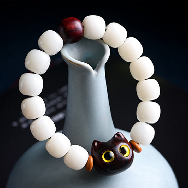 Buddha Stones Natural Bodhi Seed Small Leaf Red Sandalwood Ebony Wood Cute Lucky Cat Wisdom Bracelet