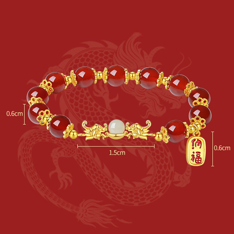 Buddha Stones 925 Sterling Silver Year of the Dragon Natural Red Agate Hetian Jade Fu Character Charm Strength Bracelet