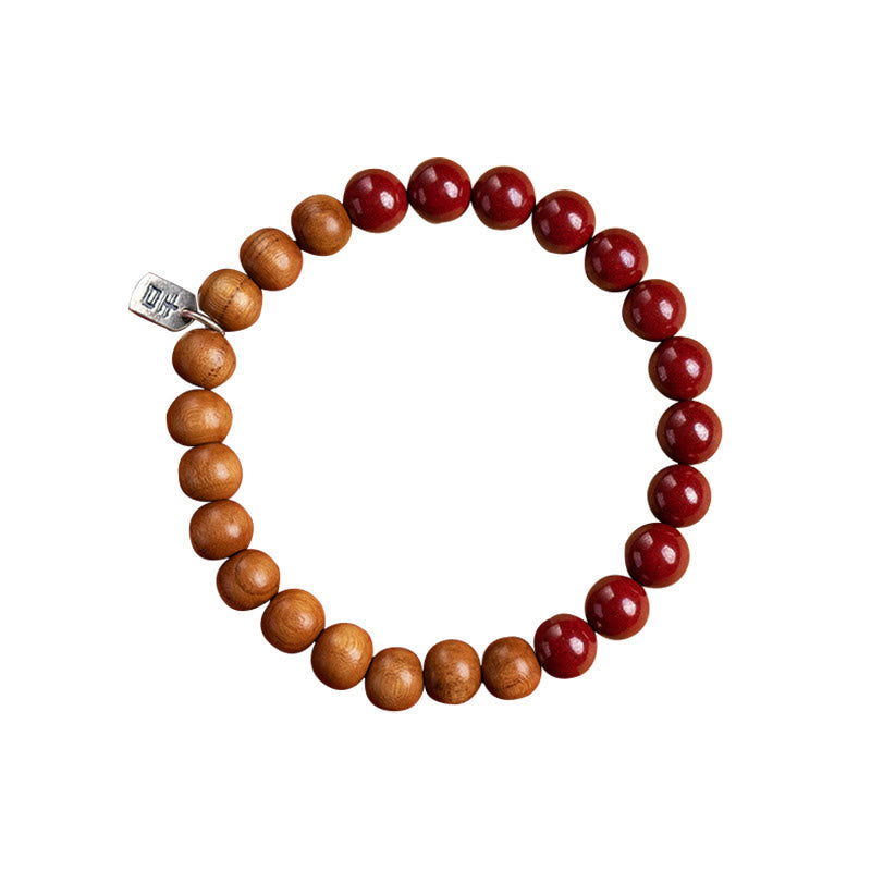 Buddha Stones 925 Sterling Silver Peach Wood Cinnabar Ward Off Evil Spirits Bracelet