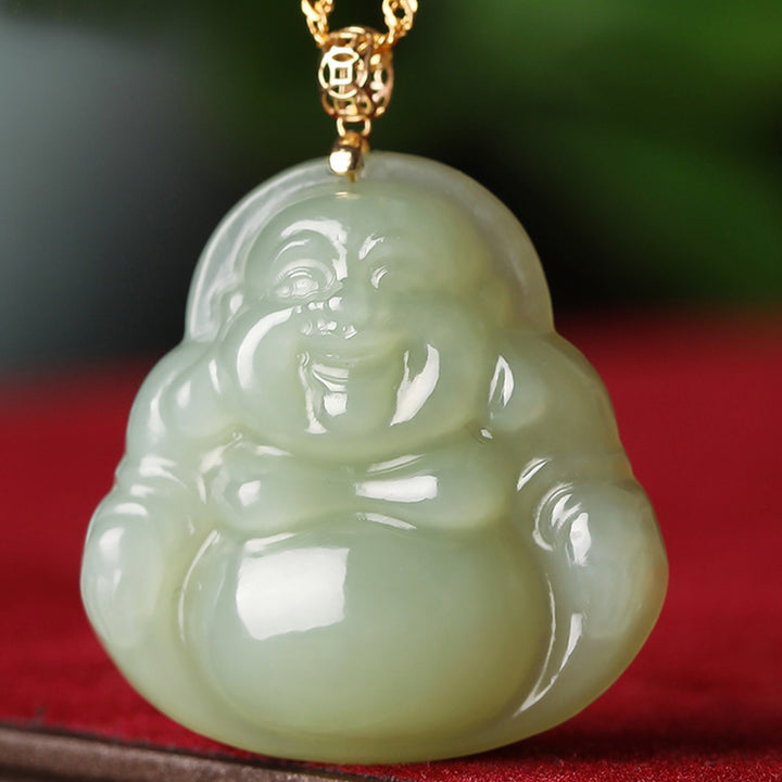 Buddha Stones 925 Sterling Silver Laughing Buddha Cyan Jade 18K Gold Success Necklace Pendant