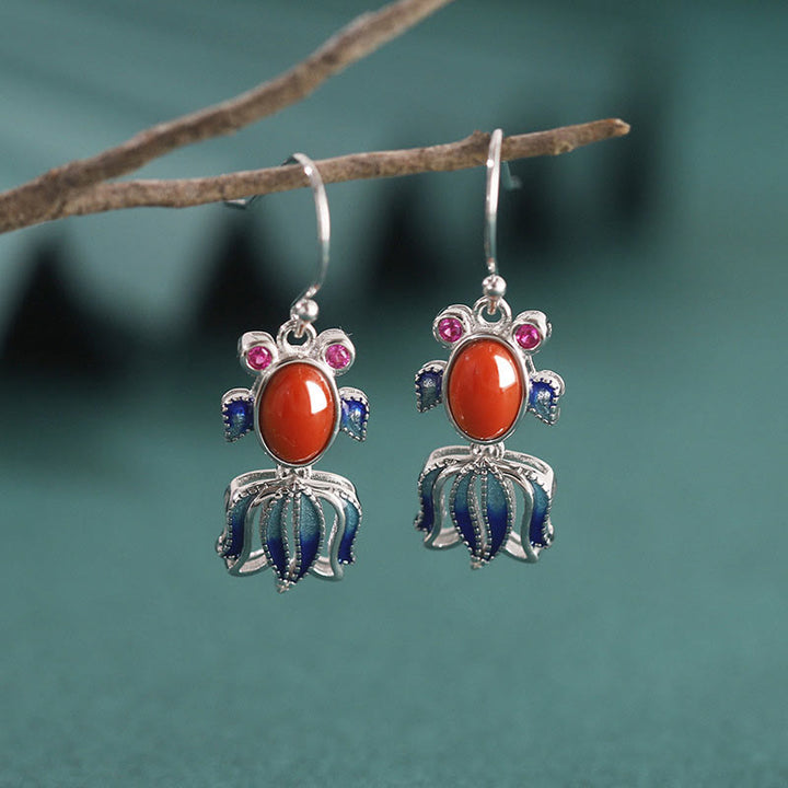 925 Sterling Silver Hetian White Jade Red Agate Cute Fish Happiness Drop Earrings