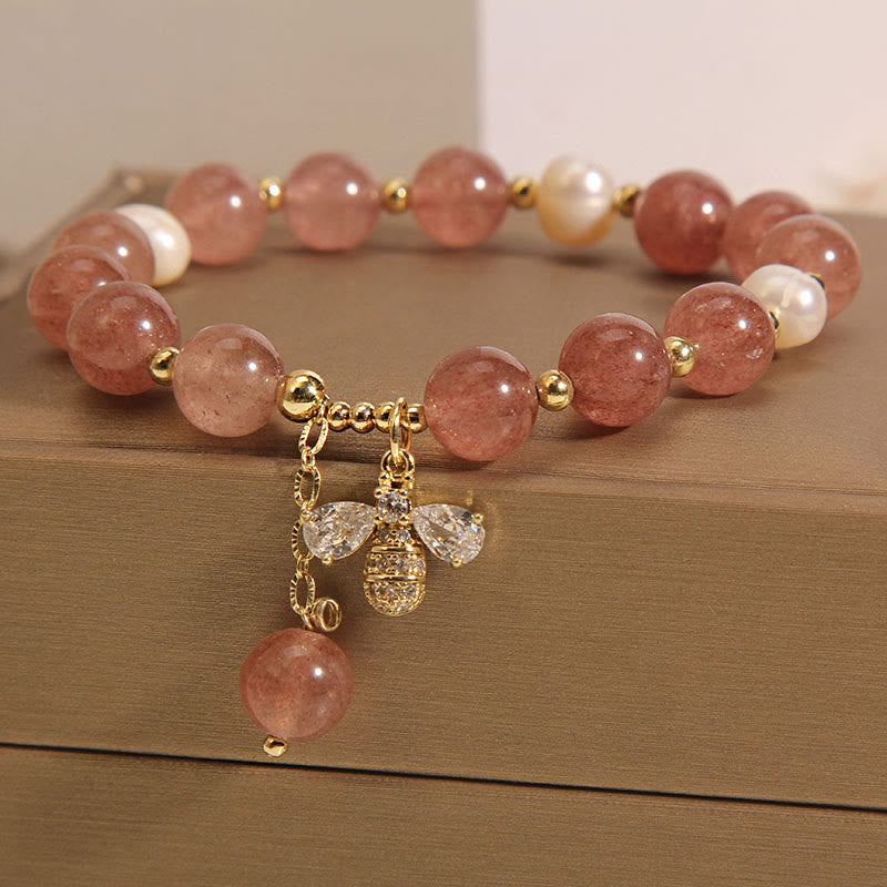 Buddha Stones Strawberry Quartz Pearl Cute Zircon Honeybee Positive Charm Bracelet