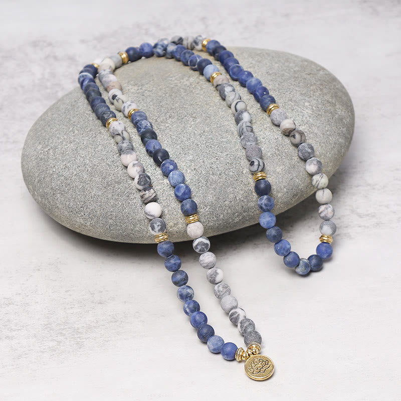 Buddha Stones 108 Natural Stone Mala Bead Lotus Pendant Bracelet