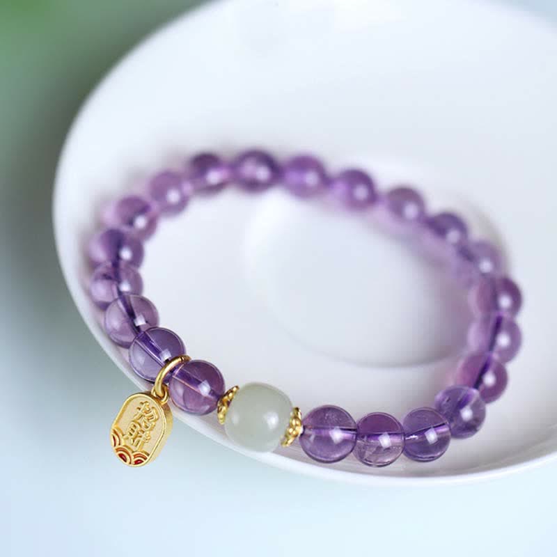 Buddha Stones Natural Amethyst Crystal Hetian Jade Healing Charm Bracelet