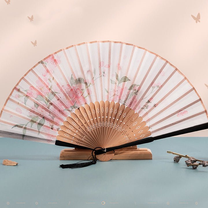 Buddha Stones Crane Peach Blossoms Persimmon Orchid Butterfly Bamboo Handheld Bamboo Folding Fan 21cm