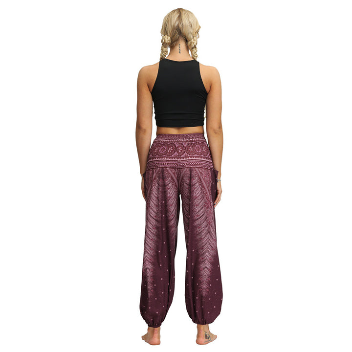 Buddha Stones Feather Print Hippie Baggy Trousers Boho High Waist with Pockets Women's Yoga Pants