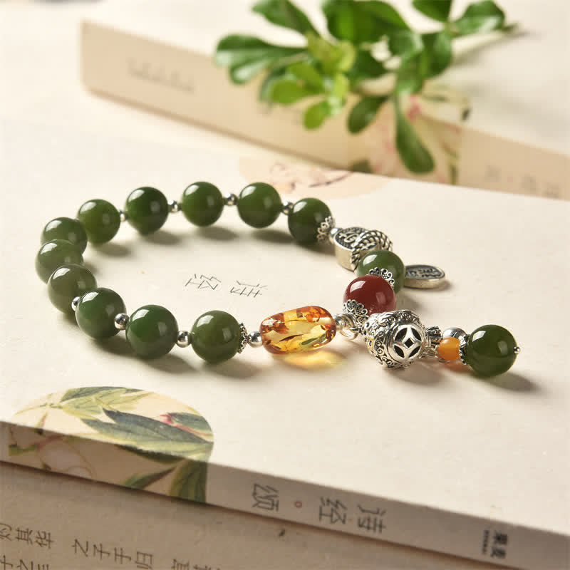 925 Sterling Silver Hetian Cyan Jade Gourd Amber Success Bracelet