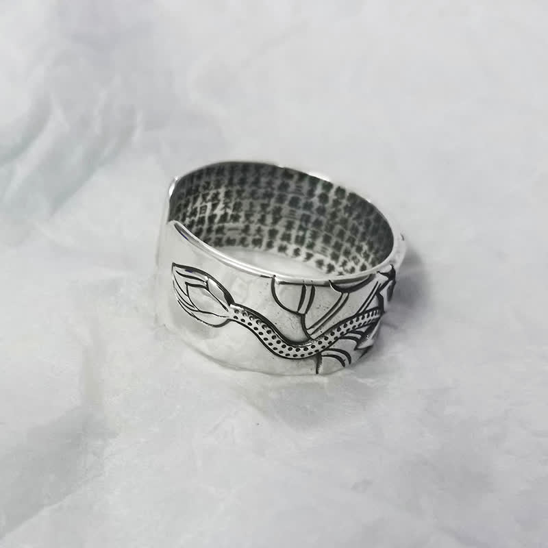 Buddha Stones 999 Sterling Silver Lotus Symbol Heart Sutra Protection Ring