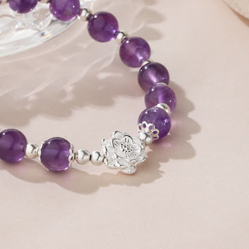 Buddha Stones 925 Sterling Silver Natural Amethyst Lotus Spiritual Bracelet